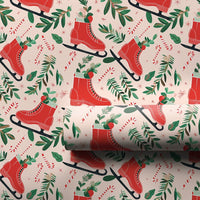 Candy Cane Holiday Gift Wrap, Retro Red Ice Skates Wrapping Paper, Christmas Foliage Wrapping Paper, Pink Winter Holiday Present Wrap Roll