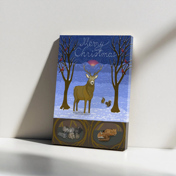 Winter Deer Forest Canvas Wall Art, Merry Christmas Woodland Animal Canvas, Holiday Wildlife Canvas Print, Rustic Xmas Wall D