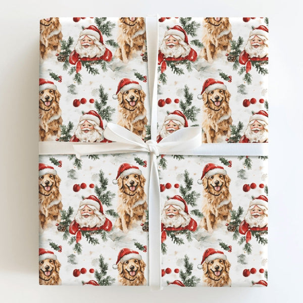 Watercolor Holiday Dog Gift Wrap Paper, Golden Retriever Santa Christmas Wrapping Paper, Xmas Present Paper, Dog Lover Wrappi