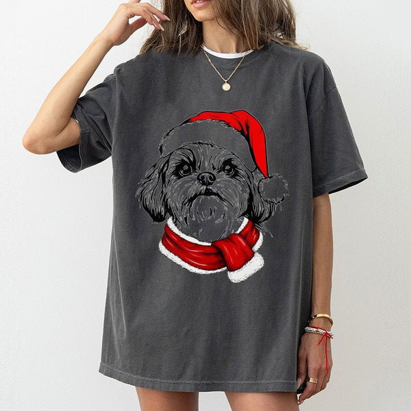 Dog in Santa Hat Scarf Shirt, Shih Tzu Christmas T-Shirt, Adorable Festive Holiday Puppy Graphic Tee, Shih Tzu Dog Lover Chri