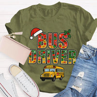 Santa Hat Bus Driver Graphic Tee, School Bus Driver Christmas T-Shirt, Humorous Holiday Driver Shirt, Transportation Staff Xmas Present
