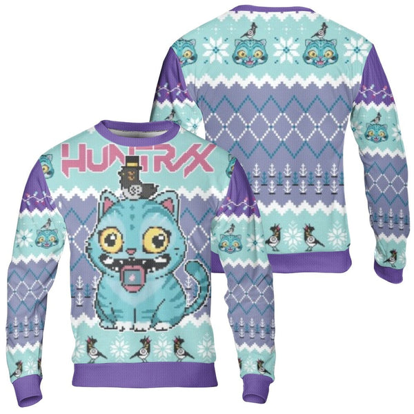 Retro 8-Bit Gamer Holiday Sweater, Pixel Cat Ugly Christmas Sweater, Humorous Gaming Crewneck Sweatshirt, Unisex Xmas Party A