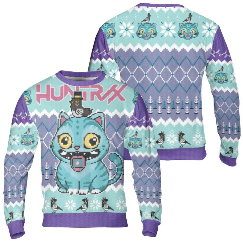 Retro 8-Bit Gamer Holiday Sweater, Pixel Cat Ugly Christmas Sweater, Humorous Gaming Crewneck Sweatshirt, Unisex Xmas Party Apparel