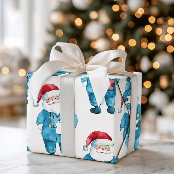 Nurse Scrubs Christmas Gift Wrap, Doctor Santa Wrapping Paper, Watercolor Medical Santa Wrapping Paper, Healthcare Worker Hol