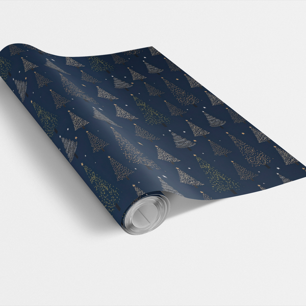Navy Blue Winter Wrapping Paper, Night Christmas Trees Gift Wrap, Gold Star Holiday Gift Wrap Roll, Elegant Christmas Wrappin