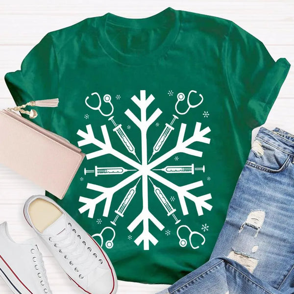 Snowflake Holiday Graphic Tee, School Nurse Christmas T-Shirt, Winter RN Nurse Shirt, Festive Hospital Staff Tee, Nurse Xmas 