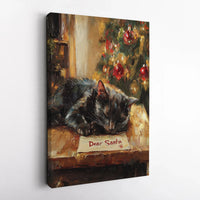 Letter to Santa Holiday Canvas Print, Sleeping Black Cat Christmas Canvas, Comfy Xmas Cat Wall Art, Winter Holiday Animal Canvas Decor