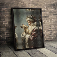 Vintage Christmas Painting Canvas Print, Santa Claus with Baby Deer Canvas, Holiday Deer Canvas Art, Winter Seasonal Wall Decor Present