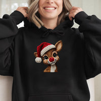 Faux Knitted Yarn Deer Sweatshirt, Reindeer Christmas Hoodie, Adorable Xmas Graphic Hooded Pullover, Comfy Holiday Deer Hoodie, Winter Present