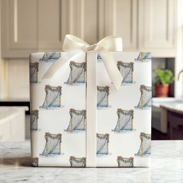 Watercolor Hockey Goal Net Gift Wrap, Christmas Hockey Wrapping Paper, Winter Sports Holiday Wrapping Paper, Ice Hockey Fan X