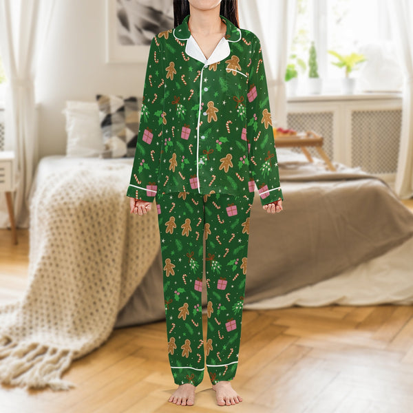 Holiday Cookie Satin Pajama Set, Gingerbread Christmas Pajamas, Festive Gingerbread Sleepwear, Adorable Winter Button Up PJs,