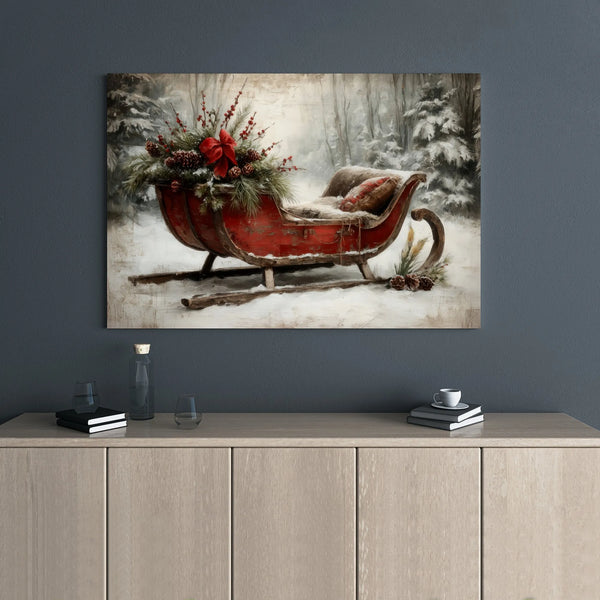 Snowy Winter Forest Canvas Print, Vintage Christmas Sleigh Canvas Art, Holiday Landscape Canvas Decor, Rustic Seasonal Wall P