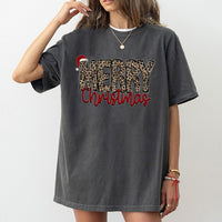 Santa Hat Holiday Shirt, Leopard Print Merry Christmas T-Shirt, Retro Xmas Graphic Tee, Festive Winter Holiday T-Shirt
