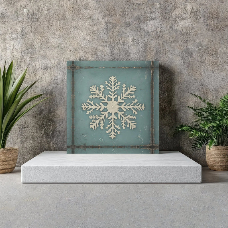 Rustic Textured Winter Painting Canvas Print, Snowflake Square Canvas Wall Art, Farmhouse Christmas Canvas Decor, Holiday Wall Art Present