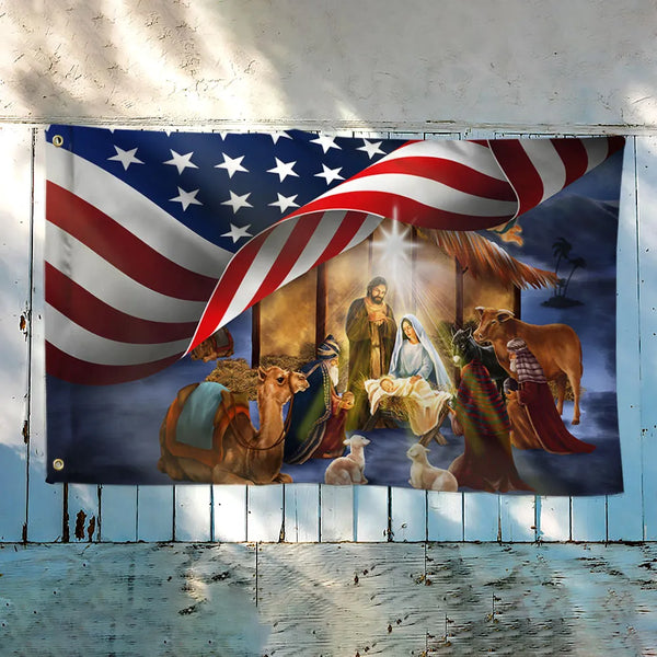 Religious USA House Flag, Christmas Nativity American Flag, Double-Sided Holy Night Garden Flag, Christian Holiday Yard Banne