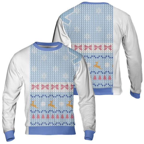 Reindeer Bows Holiday Sweater, Light Blue Reindeer Ugly Christmas Sweatshirt, Adorable Reindeer Christmas Crewneck, Festive X