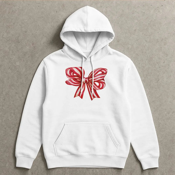 Red Striped Ribbon Sweatshirt, Christmas Bow Hoodie, Adorable Holiday Bow Hooded Pullover, Festive Christmas Graphic Hoodie, 