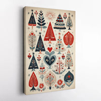 Nordic Holiday Woodland Pattern Canvas Print, Scandinavian Folk Art Christmas Trees Wall Art, Festive Poster, Digital Download
