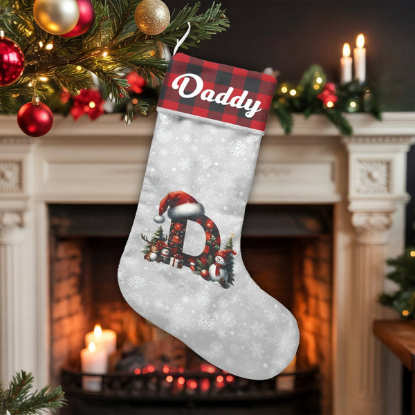 Custom Monogram Christmas Stocking, Personalized Buffalo Plaid Christmas Stocking, Rustic Holiday Stocking, Family Fireplace 