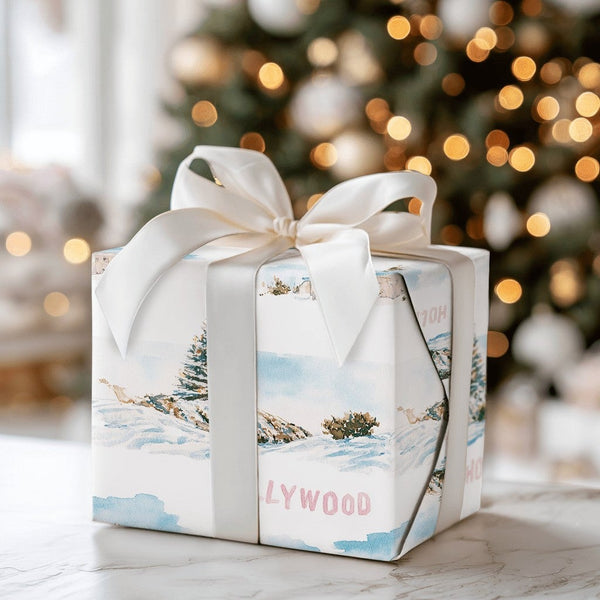 Snowy California Gift Wrap, Hollywood Hills Christmas Wrapping Paper, Watercolor Los Angeles Wrapping Paper, Holiday Movie Fa