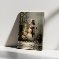 Lighted Christmas Tree Scene Print, Vintage Snowman Canvas Wall Art, Rustic Winter Wall Decor, Holiday Canvas Art Present