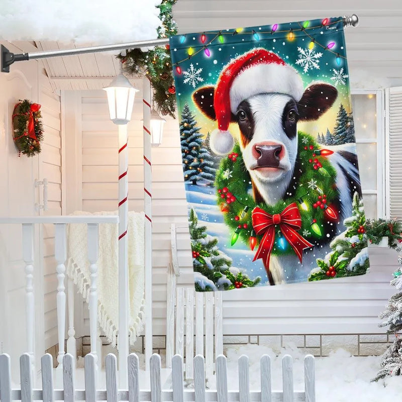 Winter Farm Animal Yard Banner, Christmas Cow Santa Hat Garden Flag, Double Sided Holiday Farmhouse Flag, Porch Lawn Decor