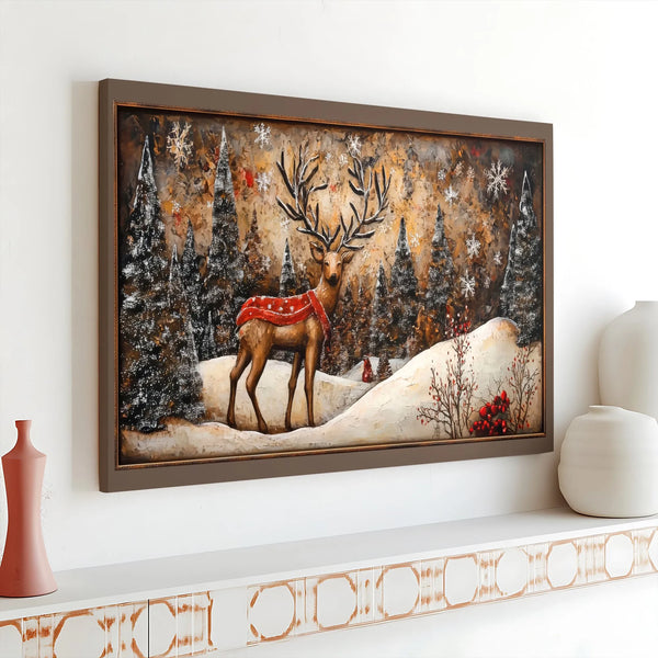 Snowy Forest Reindeer Print, Winter Reindeer Canvas Wall Art, Christmas Holiday Wall Decor, Winter Reindeer Landscape Canvas,