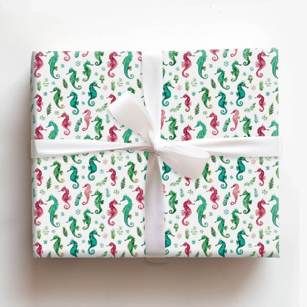 Coastal Nautical Wrapping Paper, Watercolor Seahorse Christmas Wrapping Paper, Beach Holiday Wrapping Paper, Ocean Sea Life X