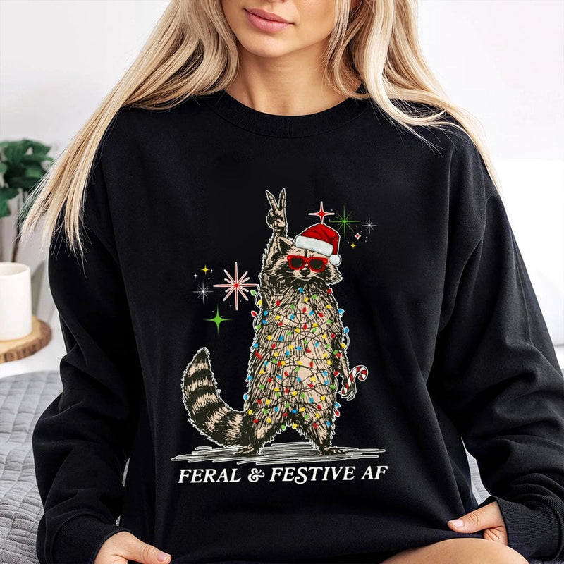 Humorous Christmas Lights Raccoon Sweater, Feral and Festive AF Raccoon Sweatshirt, Retro Raccoon Holiday Crewneck, Adorable Animal Xmas Pullover