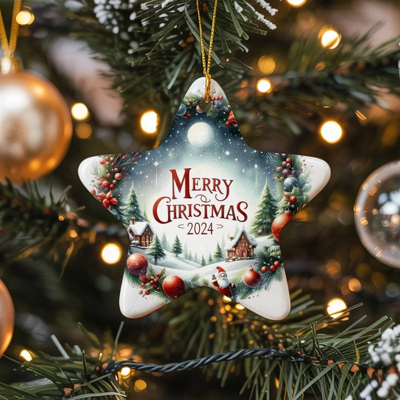 Snowy Winter Village Ornament, Merry Christmas 2024 Star Ornament, Santa Ceramic Tree Ornament, Holiday Star Keepsake Ornament