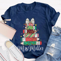 Colorful Crayons Bows Holiday Shirt, Personalized Christmas T-Shirt, Custom Name Kids Xmas Graphic Tee, Festive School Party Shirt