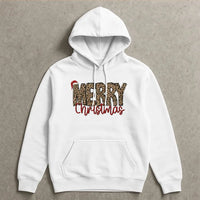 Festive Santa Hat Holiday Hoodie, Merry Christmas Leopard Print Hoodie, Adorable Animal Print Hooded Sweatshirt, Comfy Winter Loungewear Present