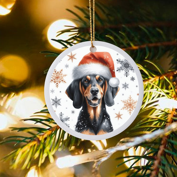Santa Hat Dog Ceramic Ornament, Black and Tan Coonhound Christmas Ornament, Snowflake Puppy Tree Ornament, Dog Lover Holiday 