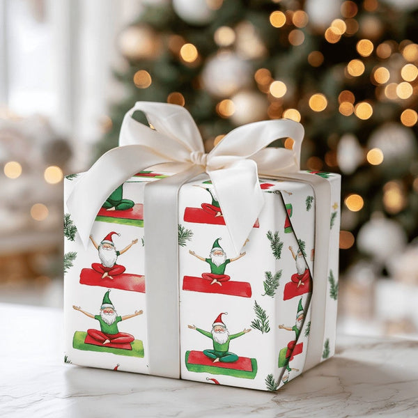 Whimsical Christmas Wrapping Paper, Yoga Santa and Elves Wrapping Paper, Humorous Holiday Gift Wrap Roll, Mindful Xmas Gift W