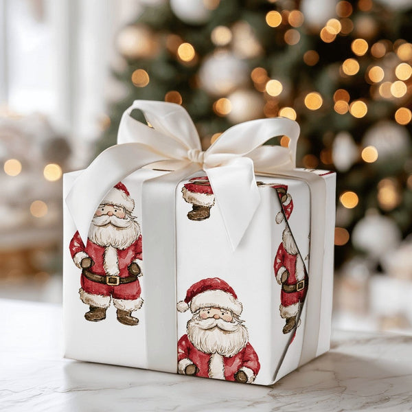 Vintage Watercolor Santa Claus Gift Wrap Roll, Classic Santa Christmas Wrapping Paper, Traditional Holiday Paper, Xmas Gift W