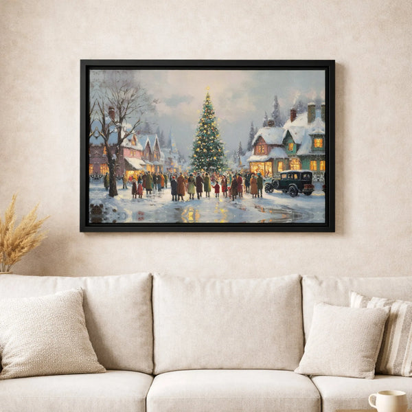 Snowy Tree Lighting Art Canvas, Vintage Christmas Village Wall Art, Holiday Village Print, Christmas Village Poster, Digital 