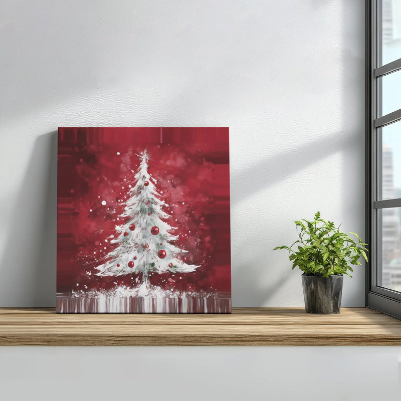 Festive Holiday Pine Ornament Canvas Print, Snowy White Christmas Tree Crimson Red Canvas Art, Winter Forest Canvas Wall Art, Seasonal Decor
