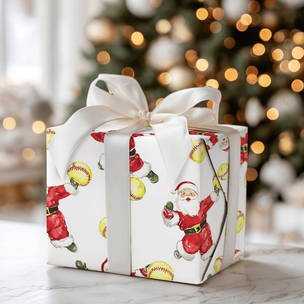 Sports Santa Holiday Gift Wrap Roll, Pitching Santa Softball Christmas Wrapping Paper, Fastpitch Present Paper, Athlete Gift 