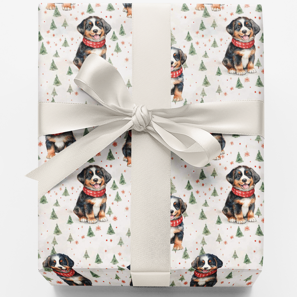 Christmas Puppy Holiday Gift Wrap, Bernese Mountain Dog Wrapping Paper, Watercolor Dog Wrapping Paper Roll, Dog Lover Xmas Pr