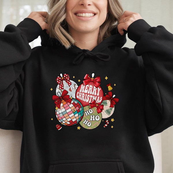 Disco Ball Bow Graphic Sweatshirt, Retro Christmas Ornaments Hoodie, Trendy Holiday Pullover, Pink Christmas Season Hooded To