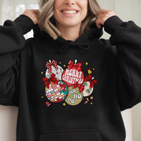 Disco Ball Bow Graphic Sweatshirt, Retro Christmas Ornaments Hoodie, Trendy Holiday Pullover, Pink Christmas Season Hooded Top for Her