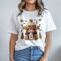 Adorable Winter Holiday Graphic Tee, Christmas Highland Cow Coffee T-Shirt, Festive Farmhouse Cow Shirt, Comfy Xmas Aesthetic Graphic T-Shirt
