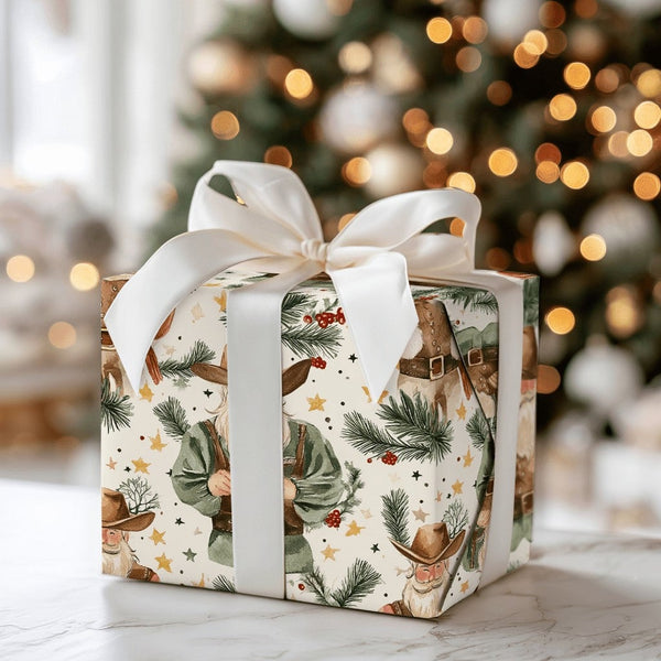 Western Holiday Santa Gift Wrap, Cowboy Santa Wrapping Paper, Rustic Country Christmas Wrapping Paper, Whimsical Pine Berry G