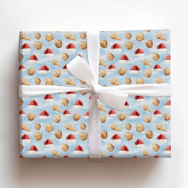 Coastal Holiday Gift Wrap, Seashell Christmas Wrapping Paper, Santa Hat Beach Wrapping Paper, Festive Ocean Present Wrap, Bea