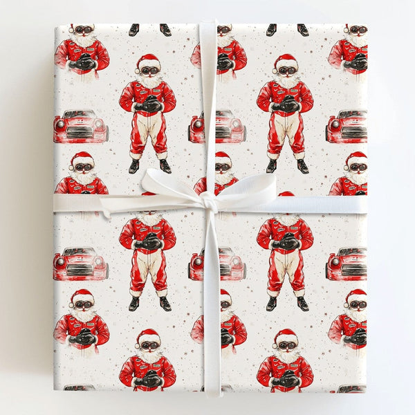 Red Race Car Driver Gift Wrap, Racing Santa Christmas Wrapping Paper, Motorsport Holiday Wrapping Paper, Car Lover Xmas Gift 