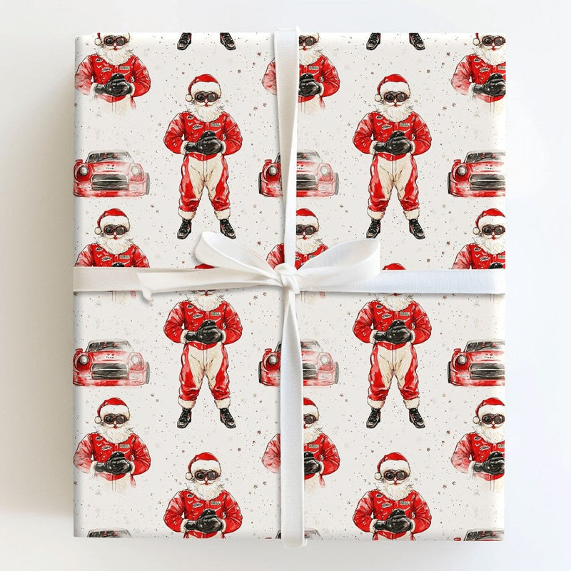 Red Race Car Driver Gift Wrap, Racing Santa Christmas Wrapping Paper, Motorsport Holiday Wrapping Paper, Car Lover Xmas Gift Wrap Roll