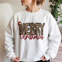 Santa Hat Holiday Crewneck, Merry Christmas Leopard Sweatshirt, Adorable Leopard Print Christmas Sweatshirt, Festive Winter Pullover Sweatshirt