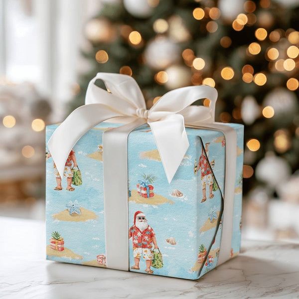 Hawaiian Santa Gift Wrap, Tropical Santa Wrapping Paper, Christmas in July Wrapping Paper, Holiday Beach Wrapping Paper, Xmas