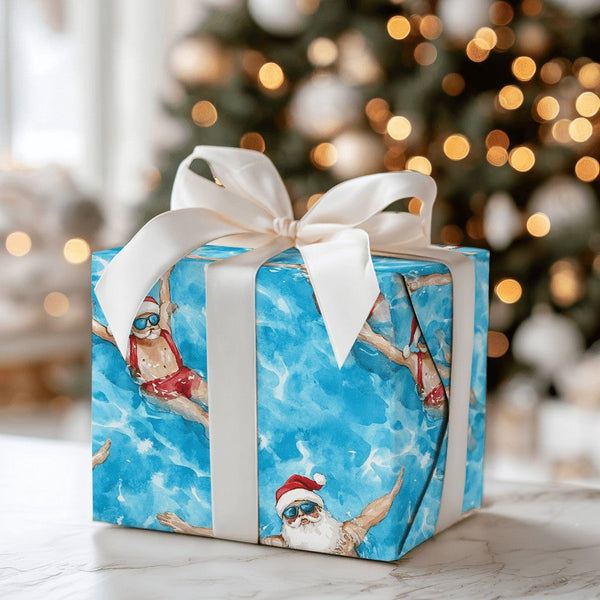Tropical Vacation Santa Gift Wrap, Swimming Santa Wrapping Paper, Summer Beach Christmas Wrapping Paper, Humorous Holiday Pre