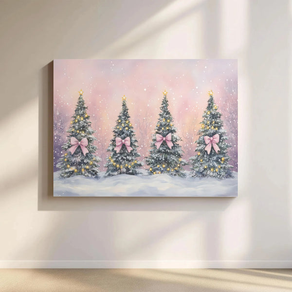 Snowy Holiday Landscape Canvas Print, Pink Bow Christmas Tree Canvas Art, Festive Xmas Tree Canvas Wall Art, Comfy Winter Can